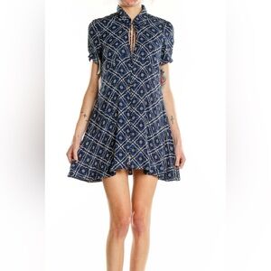 Free People Melody Mosaic Button Front Mini Dress Size 4 Blue Black
